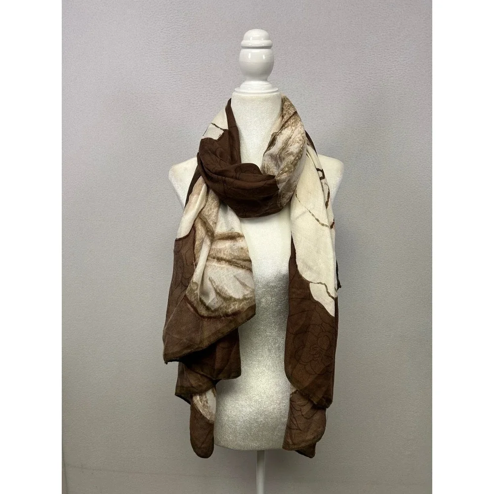 Boho Earthy Womens OS Brown Cream Floral Leaf Viscose Scarf Shawl